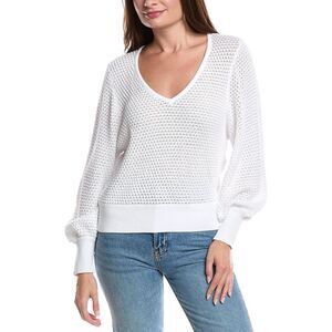 Forte Cashmere Womens Gathered Sleeve Stripe V-Neck Sweater, White